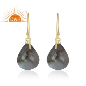 Boucles d'oreilles pendantes en argent sterling 925 plaqué or avec pierre précieuse labradorite naturelle, fabrication artisanale - Product Image 1
