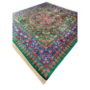 Gulmarg Handmade <b>Silk</b> Rugs <b>Green</b> Floral Pattern Rectangular Hallway Patchwork Design for Home Living Room Skps-196 - Product Image 1
