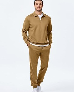 Ensemble de survêtement décontracté pour homme, 100% coton, 2 pièces, polo à fermeture éclair quart et pantalon de jogging - Product Image 2
