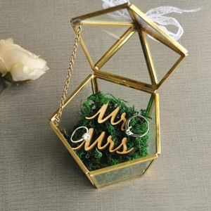 Geometric Pentagon Glass <b>Ring</b> Bearer Box Gold Brass <b>Metal</b> Wedding Engagement Jewelry Display Holder Transparent Brass Glass Box - Product Image 1