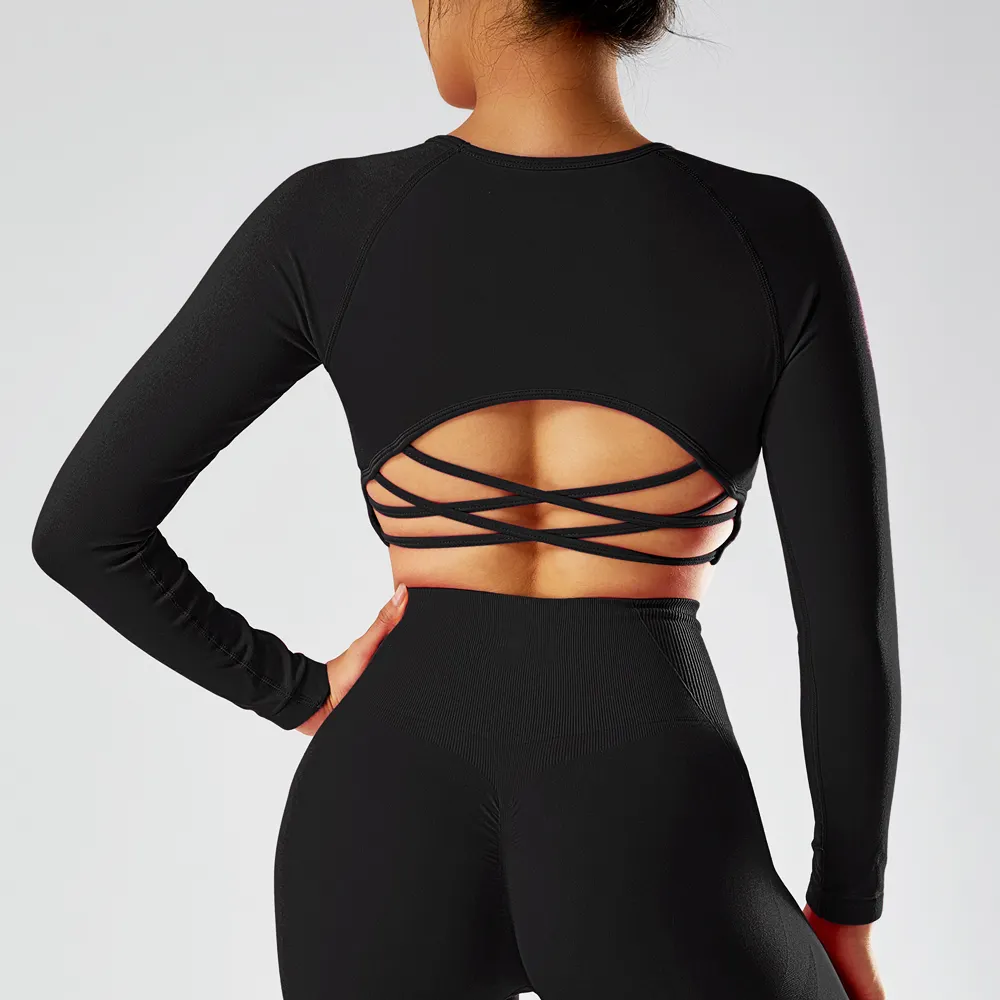 Wholesale Custom Logo Gym Fitness Sets Woman Yoga Leggings Long Sleeve Top Sports Bra Yoga 2 Piece Workout Set For Women