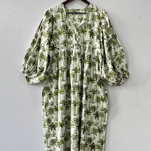 Vestido Midi con estampado bohemio Tropical mangas abullonadas hecho a mano Flowy Summer Resort Wear vestido de algodón informal perfecto para 100% algodón - Product Image 1