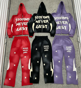 Combinaisons de survêtement personnalisées Combinaisons de survêtement lavées à l'acide Ensemble de fermeture éclair Pantalons de survêtement évasés et sweat à capuche Distressed Patch Survêtement pour hommes - Product Image 6