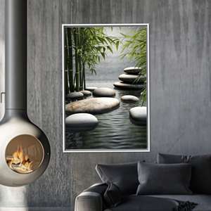 Impression sur toile Zen Bamboo Stone Path : Art de jardin japonais paisible, encadré blanc - Product Image 1
