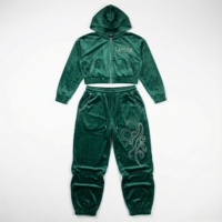 Survêtement en velours coupe-vent personnalisé pour femme, collection 2026, poids moyen, avec imprimé uni et strass, ensemble complet respirant avec sweat à capuche et pantalon de jogging