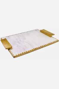Plateau de service en marbre blanc de qualité supérieure fait à la main personnalisé Poignée en métal sculpté moderne Matériel en laiton Décoration d'intérieur - Ramadan Noël - Product Image 3