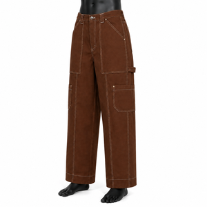 Pantalones Cargo Marrones Personalizados al por Mayor, Pantalones de Pierna Recta de Alta Calidad con Múltiples Bolsillos y Costuras en Contraste, Pantalones de Estilo Urbano para Hombre - Product Image 3