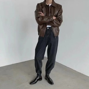 เสื้อโค้ทหนังสั้นแบบคลิปออนทรงหลวมอเนกประสงค์สำหรับผู้ชายทันสมัยหนัง PU สีน้ำตาลแฟชั่นฤดูใบไม้ร่วงฤดูหนาว - Product Image 5