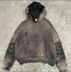 Custom Luxury Distressed Hoodies French Terry Acid Wash Heavyweight Boxy <b>Cropped</b> <b>Zip</b> <b>Up</b> Rhinestone Hoodies Men OEM - Product Image 1