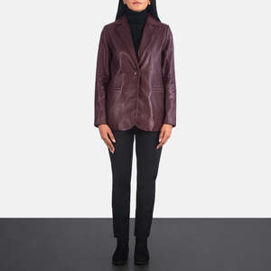 Norma Maroon Leather <b>Blazer</b> with Single Button Closure Knitted and Woven Weaving Embroidery and Print Decoration - Product Image 3