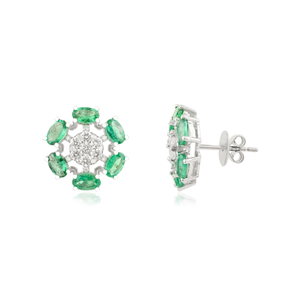 New Design High Quality 14K Solid White <b>Gold</b> Natural <b>Emerald</b> & Diamond Flower Statement Stud <b>Earrings</b> Women Jewelry Wholesale - Product Image 3
