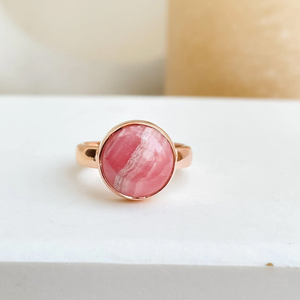 925 Sterling Silver Unique Wedding Party <b>Statement</b> <b>Ring</b> Trendy Christian 10x10mm Pink Rhodochrosite 18k Gold Plated Natural - Product Image 1
