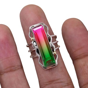 Anillo de turmalina de sandía hecho a mano, anillo de piedra multicolor Baguette de Plata de Ley 925 para mujer - Product Image 3