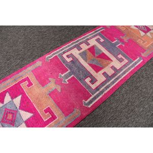 Tapis 3x11,5 pieds, tapis turc vintage, tapis géométrique rose - Product Image 3