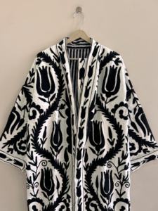 Cotton Suzani Handmade Traditional Embroidered Long Length <b>Kimono</b> Robe Duster Jacket - Product Image 2