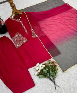 FANTAISIE SATIN SOIE BRODERIE SÉQUENCE TRAVAIL TOP PATIYALA AVEC DUPATTA FESTIVE WEAR PRIX DE GROS VÊTEMENT ETHNIQUE ROSE - Product Image 6