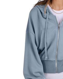 Sudadera con Capucha Corta para Mujer, Azul, Corte Holgado, Manga Larga, con Cordón, Informal, para Uso Diario - Product Image 3