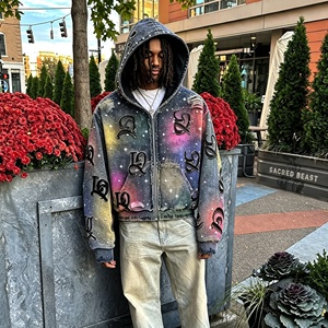 Maßgefertigter Vintage-Hoodie für Herren, Oversized, Schwerer Stoff, Sonnengebleicht, mit Strass-Reißverschluss, Bestickt, Modische Streetwear - Product Image 4