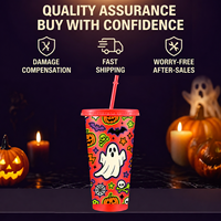 Gobelet en plastique réutilisable de 24 oz pour Halloween avec paille et couvercle, motif fantôme et citrouille, pour café glacé, avec logo personnalisé, articles de fête, vente en gros