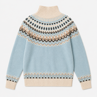 Cardigan 100 % cachemire pour femme, motif Fair Isle, bleu ciel, col montant côtelé, fermeture éclair, veste en cachemire tricotée