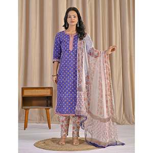 Conjunto de Kurta y Pantalón de Algodón Morado con Estampado a Mano y Manga Tres Cuartos para Uso Diario - Product Image 3