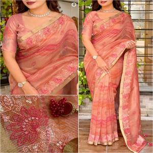 VASTRA COTTAGE Crystal Tissue Saree With Viscose <b>Thread</b> Gold Zari Embroidery Cut Work Tatkan Pallu Luxury Designer Ethnic Wear - Product Image 4