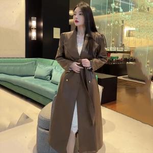 Men's High Quality Waterproof Leather Down Coat Spring Autumn Stylish <b>Long</b> Brown Soft PU Sashes Runway - Product Image 3