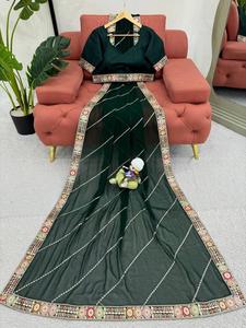 ผ้าซารีผ้าจอร์เจตต์ลายปักพร้อมงานปักเลื่อม และเสื้อผ้าไหมโมโนแบงกอรีแบบไม่เย็บติดกับผ้าพร้อมลูกไม้แฟนซีและงานปักเลื่อม - Product Image 2