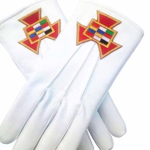Guantes Masónicos de Cuero Suave Blanco con Compás Cuadrado y Escuadra Amarillo Azul - Product Image 4