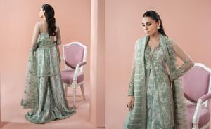 Vêtements d'hiver shalwar kameez pour femmes, costumes en organza de créateur pour femmes, vêtements brodés en organza pour l'hiver. - Product Image 2