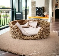Joli nouveau lit rond en osier pour animaux de compagnie intérieur/extérieur écologique fabriqué à partir de tabouret en jacinthe d'eau en bambou pour chats domestiques
