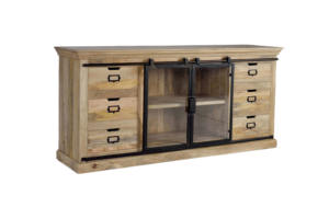 Buffet de style industriel nordique en bois de manguier massif avec portes coulissantes, meuble contemporain pour salon - Product Image 4