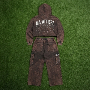 Custom Women Acid Wash Brown <b>Cropped</b> Zip Hoodie Cargo <b>Jogger</b> Set Cotton Fleece Streetwear Tracksuit OEM Wholesale - Product Image 5