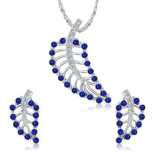 Ensemble de bijoux de mode pour femmes Kriaa avec pendentif en forme de feuille de pierre autrichienne bleue-1202018 - Product Image 1