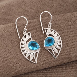 Niharika Gems Women's 925 Silver Bohemia Drop <b>Earrings</b> Geometric Pattern Swiss <b>Blue</b> <b>Topaz</b> Bezel Setting Everyday Wear - Product Image 3