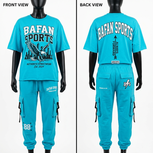 Conjunto de camiseta gráfica de algodón premium de 220 GSM y pantalones cargo jogger para mujer, color turquesa, con logo personalizado serigrafiado, conjuntos para mujer - Product Image 3