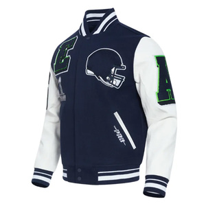 Chaqueta de béisbol universitaria de talla grande para hombre, chaqueta de lana retro con mangas de cuero, bombardero informal con letras y logotipo personalizado bordado - Product Image 3