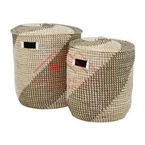 Set di cestini in vimini in metallo da 4 pezzi Design classico grande cestino portaoggetti in erba marina con coperchi per camera da letto e soggiorno