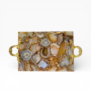 Plateau de service rond en agate naturelle verte avec mosaïque de cristaux vibrants et poignées en corde dorée ornées - Product Image 2