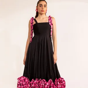 Black beauty shoulder tie up maxi dress with 3d pink flower detail summer & spring for women & girl at wholesale price