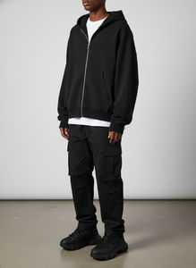 Sweat à capuche épais en coton mélangé noir à fermeture éclair intégrale pour homme et femme, ample, décontracté, pour l'hiver - Product Image 2