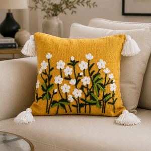 Cojín Decorativo Bordado a Mano con Flores de Algodón, Color Amarillo Mostaza, con Borlas, para Sala de Estar - Product Image 4