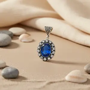 Colgante Ovalado de Plata 925 con Gema Azul, Amuleto Religioso Hecho a Mano para Mujer, Joyería de Regalo con Cristal y Perla como Piedra Principal - Product Image 1