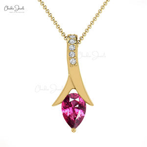 จี้รูปหยดน้ำทองคำแท้ 14k ดีไซน์ทันสมัย ประดับด้วยโรโดไลต์การ์เนตแท้ 0.56 กะรัต และเพชรโค้ง 0.9 มม. เครื่องประดับสั่งทำสำหรับผู้หญิง - Product Image 1