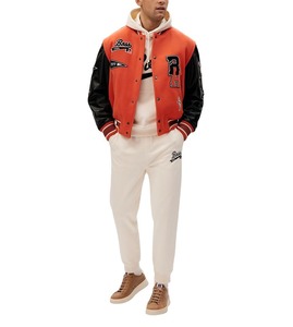 Veste à manches en cuir orange vintage pour hommes Logo personnalisé Laine Chenille Broderie Baseball Letterman Col montant pour le printemps - Product Image 6