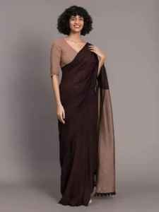 Khadi Saree Pure Contraste Tejido Estilo liso Ecológico Secado rápido Ligero Vestido de 6,3 m de ancho para niñas - Product Image 5