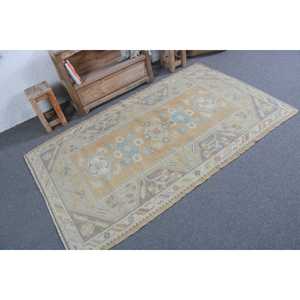 Tapis turc vintage en laine 3,7x6,3 pieds gris bleu patchwork avec envers en latex - Product Image 2