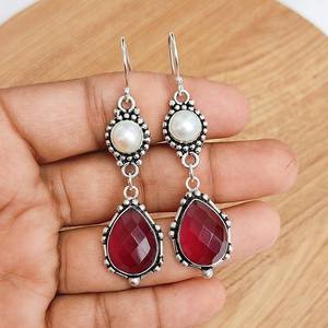 Ruby & <b>Pearl</b> Dangle <b>Earrings</b> <b>Silver</b> Plated Boho Jewelry Handmade Multi Stone <b>Earrings</b> Gift for Her Elegant Drop <b>Earrings</b> for - Product Image 6