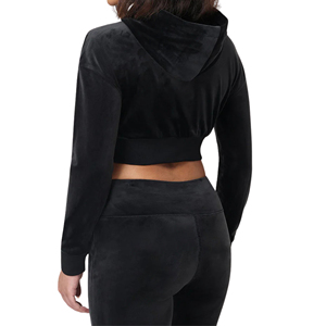 2026 Women's Cropped Hoodie Heavyweight <b>Velour</b> Acid Wash Lined Plain Black Pullover <b>Sweatshirt</b> Elastic Hem Custom Logo Solid - Product Image 5