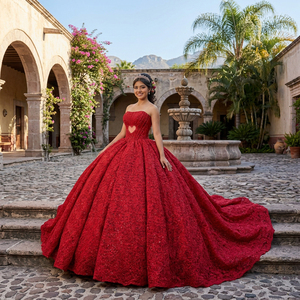 8549 Popularity Red <b>Boat</b> Neck Lace-Up Quinceanera Ball Gown Dresses With Train - Product Image 1
